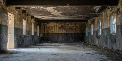 Opuszczony budynek, zniszczone ściany, gruz na podłodze. To miejsce idealne do eksploracji, czyli urbex.