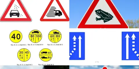 Znaki na autostradzie: ostrzegawcze przed żwirem, mgłą, zwierzętami, ograniczenia prędkości, pasy ruchu i inne.