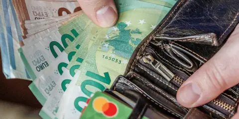 Dłonie trzymające portfel z banknotami euro. Od 2015 roku jaka waluta jest na Litwie? Euro.