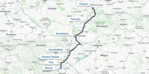 Trasa z Cieszyna przez Bratysławę, Szombathely, Ptuj do Zagrzebia. Zastanawiasz się, ile kilometrów jest do Chorwacji? Mapa pokazuje drogę do Zagrzebia.