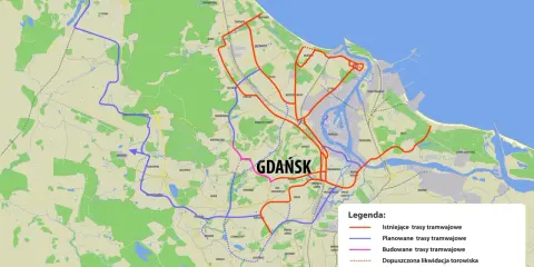 Mapa tras tramwajowych w Gdańsku i okolicach. Widoczna planowana **szemud trasa** tramwajowa łącząca Osowę z Matarnią.