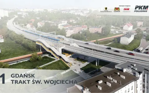 Nowa linia PKM ułatwi podróżowanie, skracając rumia - gdańsk odległość. Widok na nowoczesną stację i wiadukt.