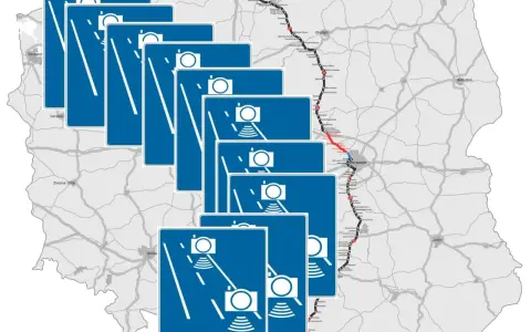 Mapa Polski z zaznaczoną trasą S7 i wieloma znakami informującymi o odcinkowym pomiarze prędkości.