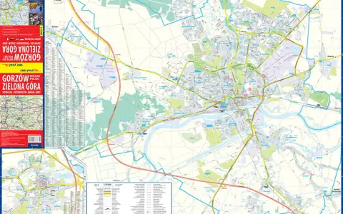 Mapa drogowa Gorzowa Wielkopolskiego i Zielonej Góry z zaznaczonymi trasami i planami miast.