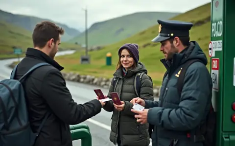 Para turystów pokazuje paszporty przy wjeździe do Irlandii. Strażnik graniczny sprawdza dokumenty.