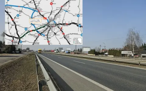 Mapa przedstawia przebieg trasy S7 od Czosnowa do Kielpina, z zaznaczonymi miastami i drogami. Widok z drogi szybkiego ruchu.