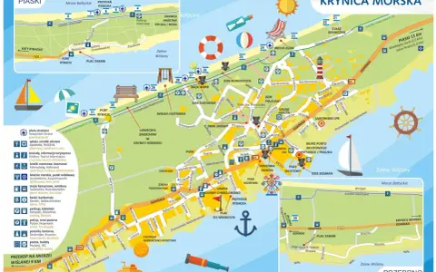 Mapa Krynicy Morskiej i okolic, pokazująca trasę do Krynicy Morskiej, plaże, porty, atrakcje turystyczne i drogi.