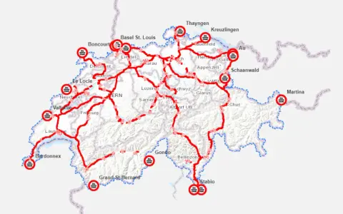 Mapa tras przejazd przez Szwajcarię z zaznaczonymi punktami granicznymi i miastami.