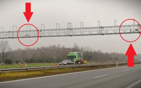 Fotoradar A2 Konin. Dwa urządzenia nad autostradą, jedno z nich z pracownikiem.