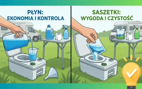 Dwa sposoby na płyn do toalety turystycznej: nalewanie z butelki lub dodanie saszetki. Oba zapewniają czystość i kontrolę.