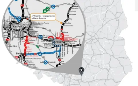 Mapa Polski z zaznaczonym obszarem wokół Krakowa. Widoczna trasa S7 Miechów-Szczepanowice, łącząca miasto na trasie Kraków Miechów.
