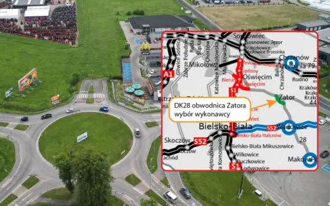 Mapa drogowa z zaznaczoną trasą DK28 obwodnica Zatora. Widoczny węzeł drogowy i McDonald's.