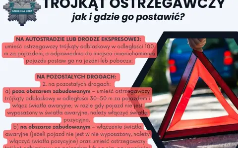 Instrukcja, jak i gdzie postawić trójkąt ostrzegawczy odblaskowy. Na autostradzie 100m, poza terenem zabudowanym 30-50m, w terenie zabudowanym na wysokości do 1m.
