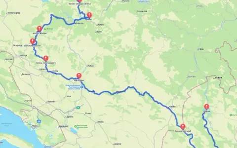 Trasa przez Czarnogórę i Bośnię, z zaznaczonymi punktami: Jezioro Blidinje, Stary Most w Mostarze, Plužine.
