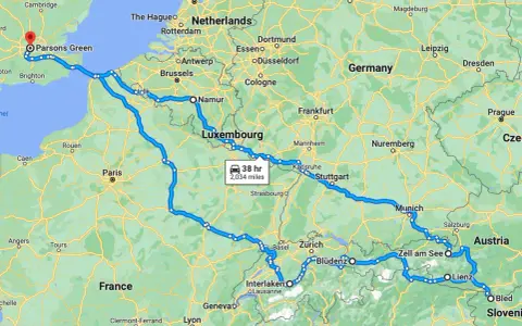 Trasa plan podróży samochodem po Europie: z Londynu przez Francję, Luksemburg, Niemcy, Austrię do Słowenii.