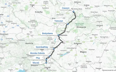 Trasa Polska-Chorwacja samochodem przez Czechy, Słowację i Węgry, z zaznaczonymi miastami Cieszyn, Trenczyn, Bratysława, Szombathely, Murska Sobota, Ptuj i Macelj.