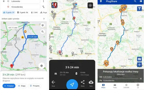 Trasa z Łukowskiej do Krowoderskiej, z uwzględnieniem zasięgu samochodu elektrycznego i stacji ładowania.