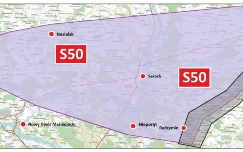 Mapa przedstawia przebieg planowanej trasy S50, zaznaczonej fioletową obwiednią, z kluczowymi punktami jak Nasielsk, Serock, Wyszków, Nieporęt i Nowy Dwór Mazowiecki.