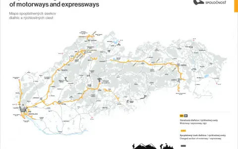 Mapa autostrad i dróg ekspresowych na Słowacji. Zaznaczone są odcinki płatne i bezpłatne.