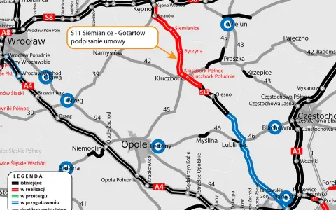 Mapa drogowa z zaznaczoną drogą krajową S11 Siemianice - Gotartów, w realizacji.