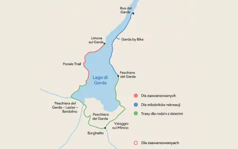 Mapa tras rowerowych wokół jeziora Garda. Różne kolory oznaczają trasy dla zaawansowanych, rekreacyjne i rodzinne.