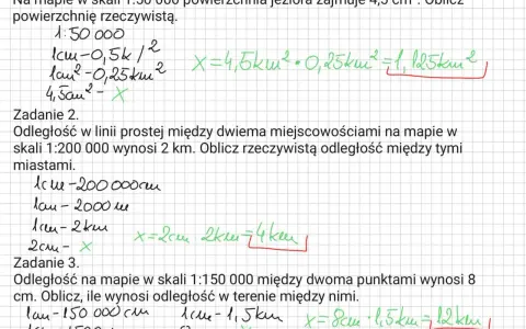 Zadanie 2: odległość między miastami na mapie w skali 1:200 000 wynosi 2 km. Obliczono rzeczywistą odległość.