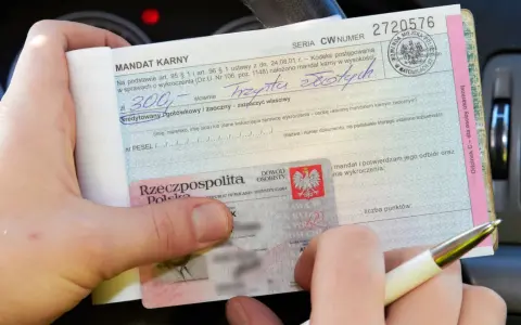 Mandat karny za niezachowanie bezpiecznej odległości. Kwota 300 zł, wystawiony przez policję.