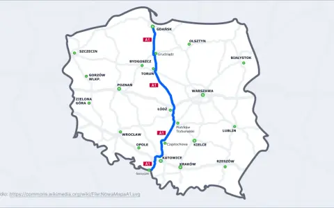 Mapa Polski z zaznaczoną trasą A1, łączącą Gdańsk z Gorzyczkami. Widoczne główne miasta i inne drogi ekspresowe.