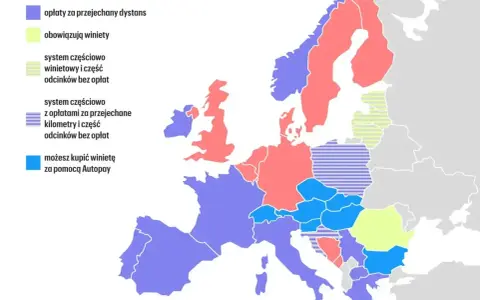 Mapa pokazuje systemy opłat na drogach szybkiego ruchu w Europie. Różne kolory oznaczają brak opłat, winiety, opłaty za dystans lub systemy mieszane.