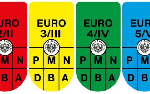 Naklejki ekologiczne Austrii (EURO 1-6) z godłem republiki. Brak naklejki grozi mandatem.