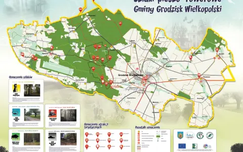Mapa szlaków pieszo-rowerowych Gminy Grodzisk Wielkopolski. Obejmuje liczne trasy, w tym Szlak Pielgrzyma, Szlak Grodziska Pętla, Szlak Leśnej Zwierzyny i Szlak Kolejki Leśnej.