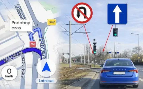 Nawigacja pokazuje trasę, a znaki i sygnalizacja świetlna ostrzegają przed mandatem za zawracanie na zakazie.