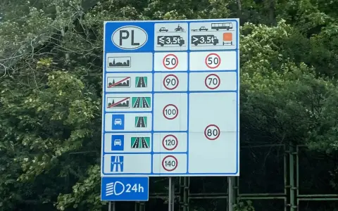Znak drogowy w Polsce. Informuje, ile można jechać z przyczepką: 70 km/h poza terenem zabudowanym, 80 km/h na drogach ekspresowych.