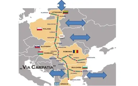Mapa pokazuje trasę Via Carpatia, łączącą kraje od Litwy przez Polskę, Słowację, Węgry, Rumunię, Bułgarię aż po Grecję.