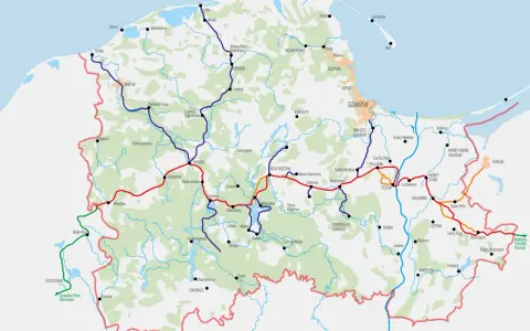 Mapa kolejowa Pomorza z zaznaczoną trasą Bytów - Kościerzyna - Tczew.