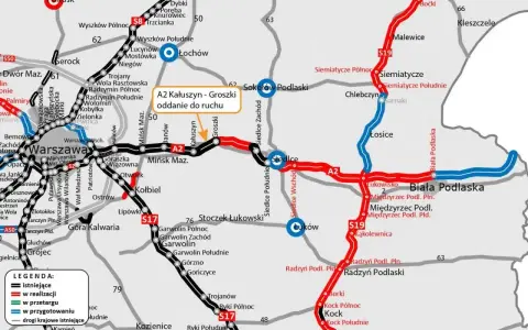 Mapa drogowa z zaznaczonymi trasami A2 i S19, pokazująca postęp prac. Dobre jedzenie na trasie Łódź-Gdańsk czeka po drodze!