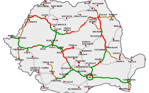Mapa Rumunii z zaznaczonymi drogami. Czerwone odcinki mogą oznaczać problemy, np. karę za brak winiety.