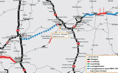 Mapa drogowa z zaznaczonymi trasami, w tym drogą S5 Ornowo-Wirwajdy oddaną do ruchu, z widocznym Olsztynem.