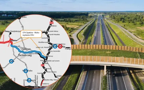 Mapa drogowa S74 Opatów - Nisko, z zaznaczoną trasą i miastami jak Tarnobrzeg, Sandomierz, Opatów. W tle widok na nowoczesną autostradę.