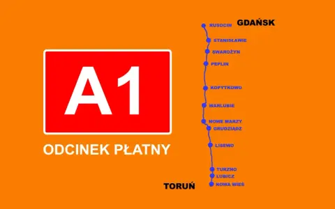 Trasa A1 od Gdańska do Torunia, z zaznaczonymi miejscowościami.
