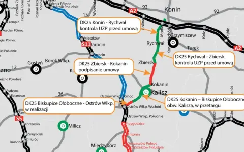 Mapa drogowa z zaznaczonymi odcinkami drogi krajowej 25, m.in. DK25 Konin - Rychwał, DK25 Zbiersk - Kokanin, DK25 Rychwał - Zbiersk.