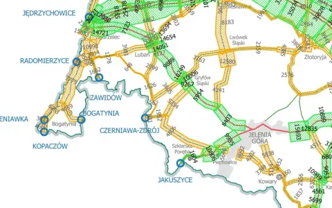 Mapa drogowa z zaznaczonymi miejscowościami i numerami dróg, w tym fragment trasy S5.