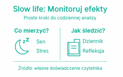 Slow life: Monitoruj efekty. Co mierzyć? Sen, stres. Jak śledzić? Dziennik, refleksja. Proste kroki do analizy.