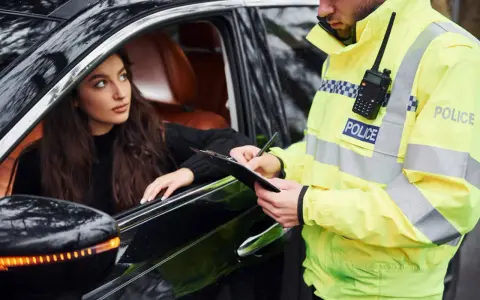Policjant spisuje mandat młodej kobiecie w samochodzie. Pamiętaj, czego nie robić na Węgrzech, by uniknąć takich sytuacji.