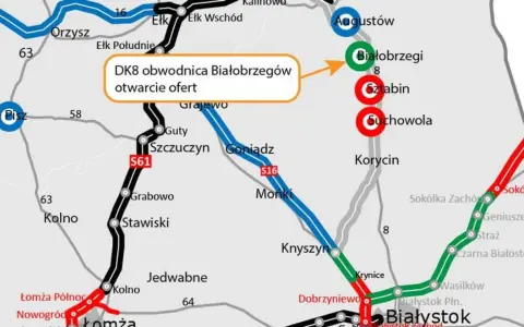Mapa drogowa z zaznaczoną trasą S61 i DK8 obwodnicą Białobrzegów. Widoczne miejscowości: Augustów, Ełk, Białystok, Łomża. Trasa Zambrów jest częścią tej sieci.