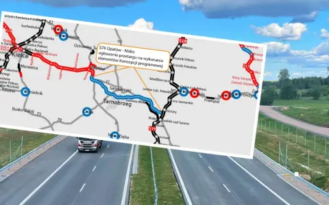 Mapa drogowa z zaznaczoną trasą S74 Opatów-Nisko i S19. W tle droga szybkiego ruchu i krajobraz.