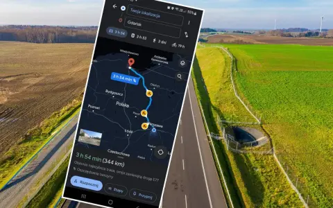 Trasa z Bydgoszczy do Łodzi na mapie Google, czas przejazdu 3h 54 min. W tle droga i krajobraz Polski.
