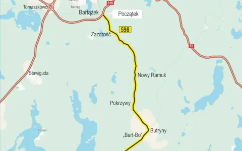 Mapa drogi 598 od Bartążka do Nowej Kaletki, wiodąca przez Zazdrość, Pokrzywy i Butryny. Trasa przebiega w pobliżu jezior, łącząc okolice Ełku i Olsztyna.