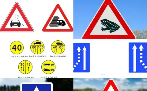 Znaki na autostradzie: ostrzegawcze przed żwirem, mgłą, zwierzętami, ograniczenia prędkości, pasy ruchu i inne.