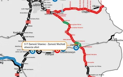 Mapa przebiegu drogi S17 od Zamościa Sitaniec do Zamościa Wschód, z zaznaczonym otwarciem ofert.